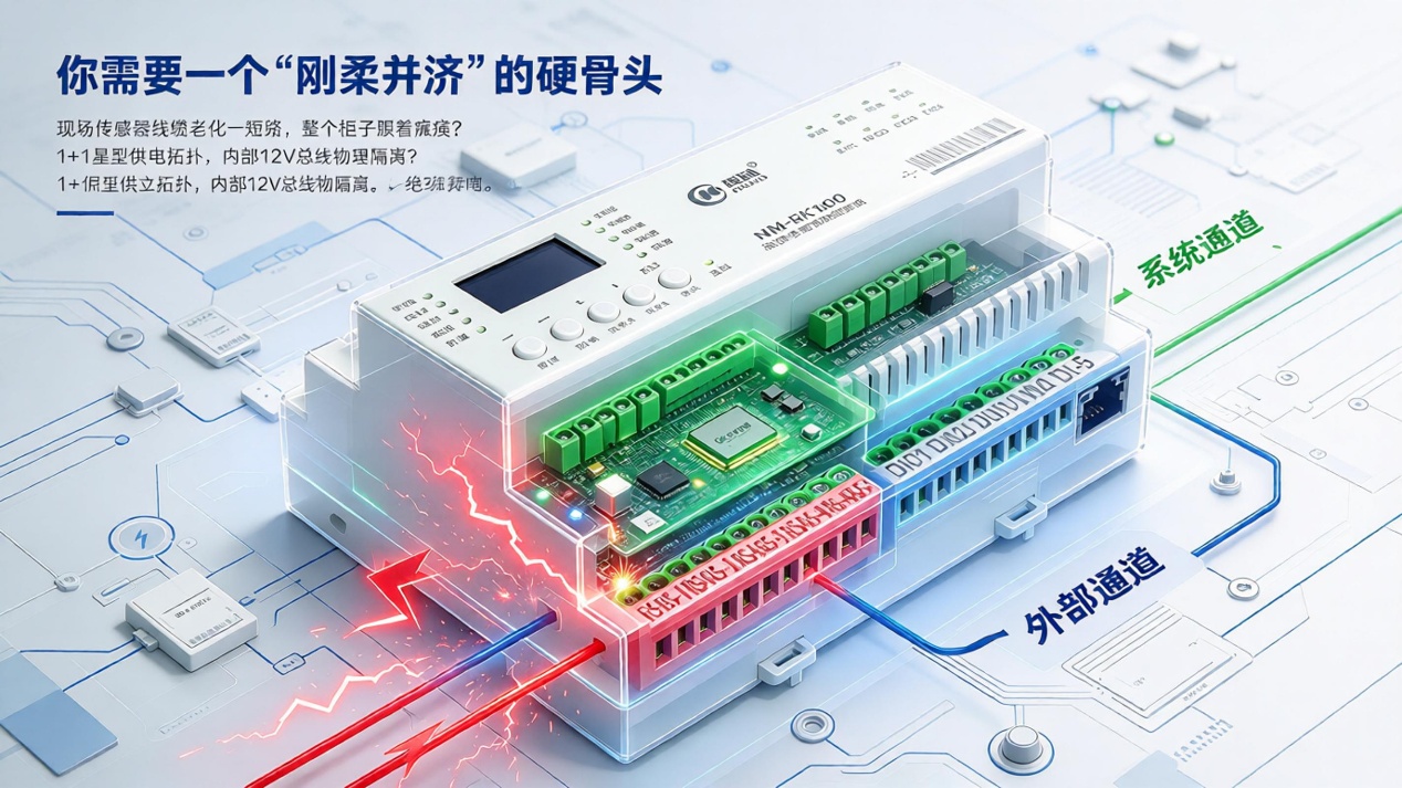 NM-RK100，融控系列，多协议网关，边缘计算，6路RS485，主从双模，本地联动，软件定义，超级电容，断网续传，星型供电，双网冗余，本地触摸屏，智能配电，机房动环
